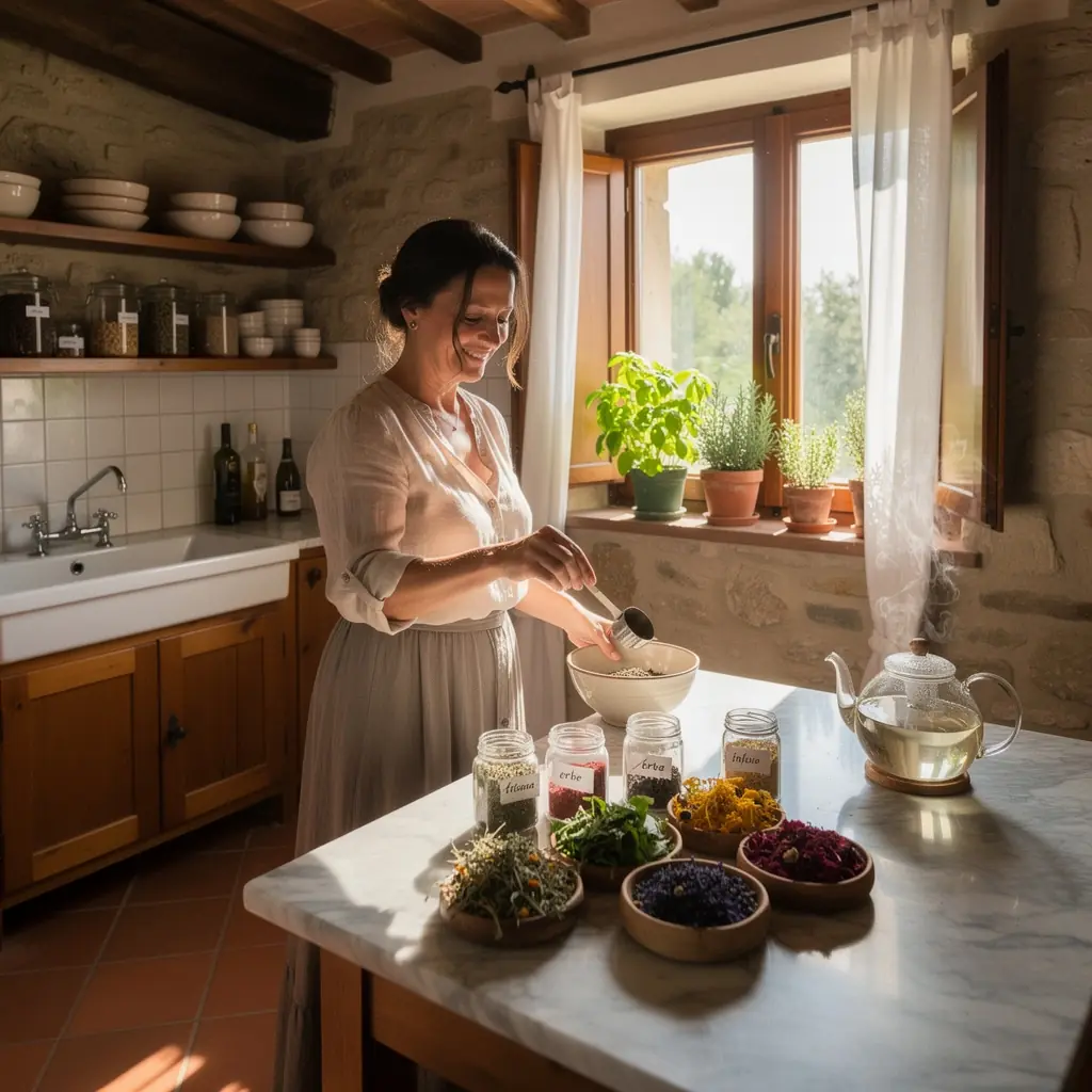 Barattoli di tè assortiti su uno scaffale, con etichette colorate e invitanti.