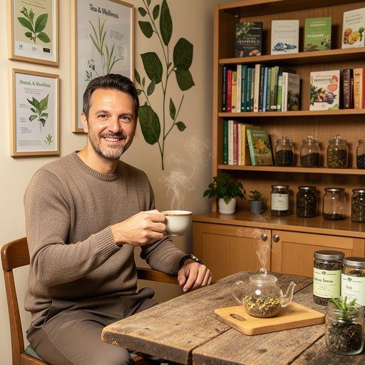 Una persona che versa tè caldo in una tazza con un sorriso, in un'atmosfera accogliente.